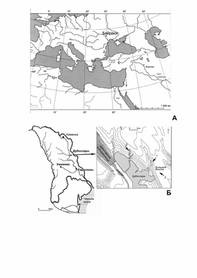 А. Карта расположения стоянки Байраки на территории юга Европы и Средиземноморья. Б. Карта-схема стоянок и местонахождений раннего палеолита в Приднестровье: 1-Байраки; 2-Большой Фонтан; 3-Крецешты.Стоянка Байраки. Общий вид на карьер и раскоп.